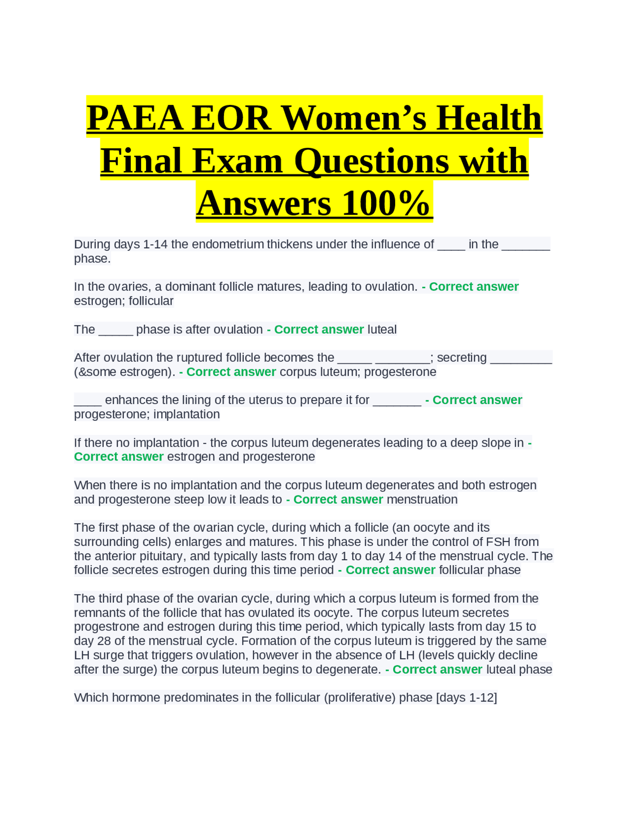 PAEA EOR Women’s Health Final Exam Questions with Answers 100 Exams