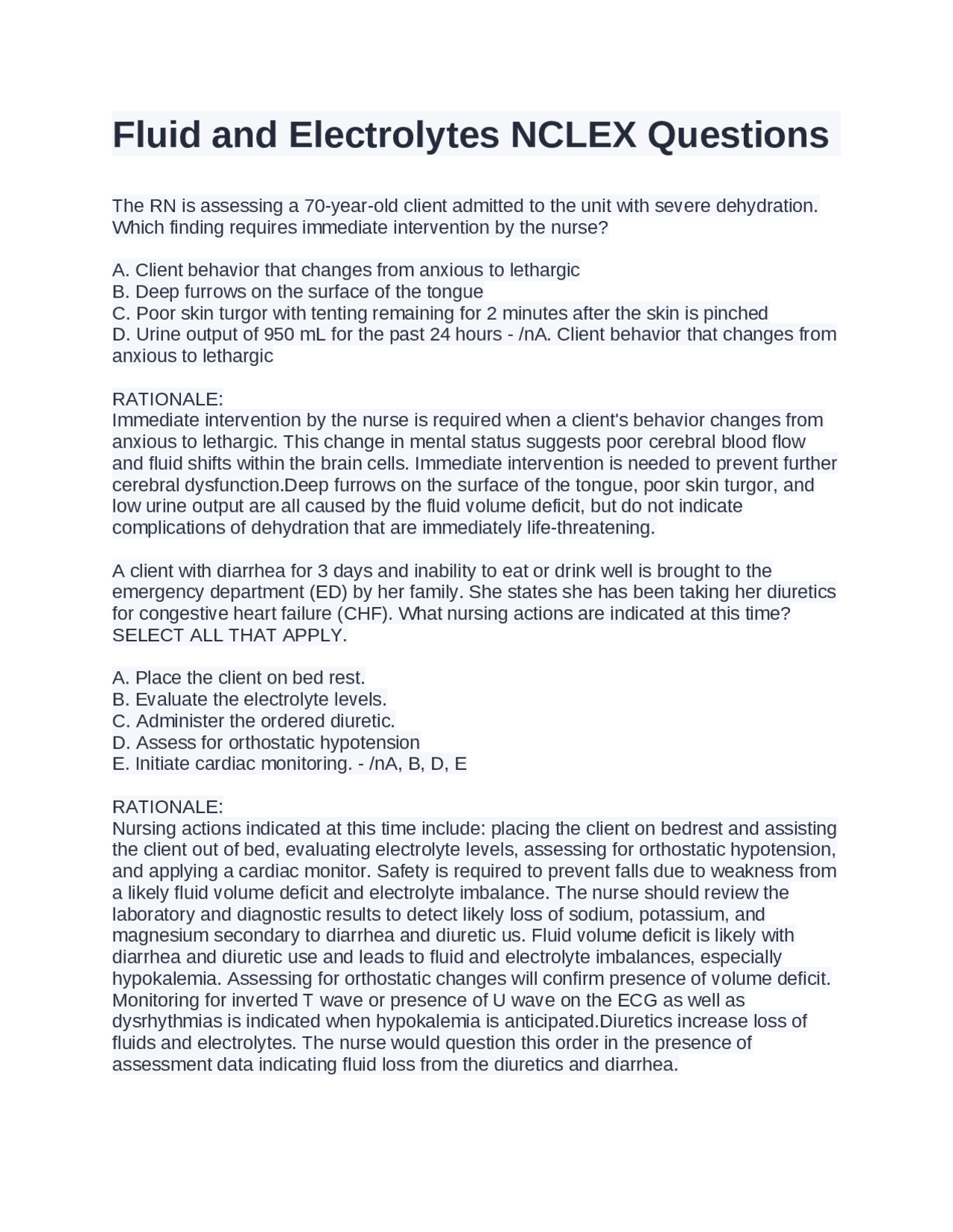 Nursing Management of Electrolyte Imbalances | Exams Nursing | Docsity