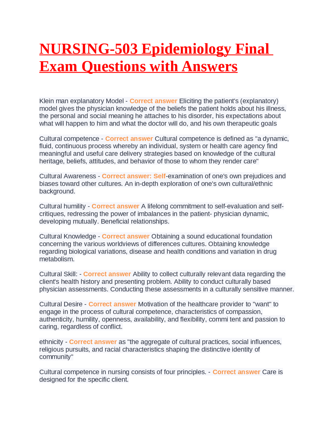 NURSING503 Epidemiology Final Exam Questions with Answers Exams Biology Docsity
