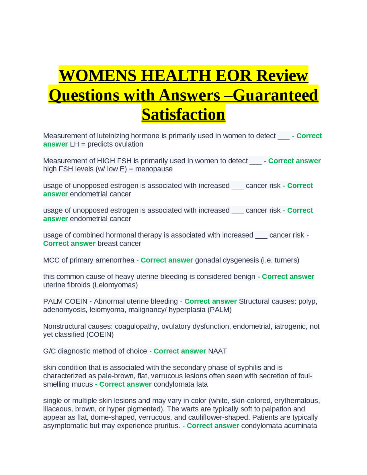 WOMENS HEALTH EOR Review Questions with Answers Guaranteed