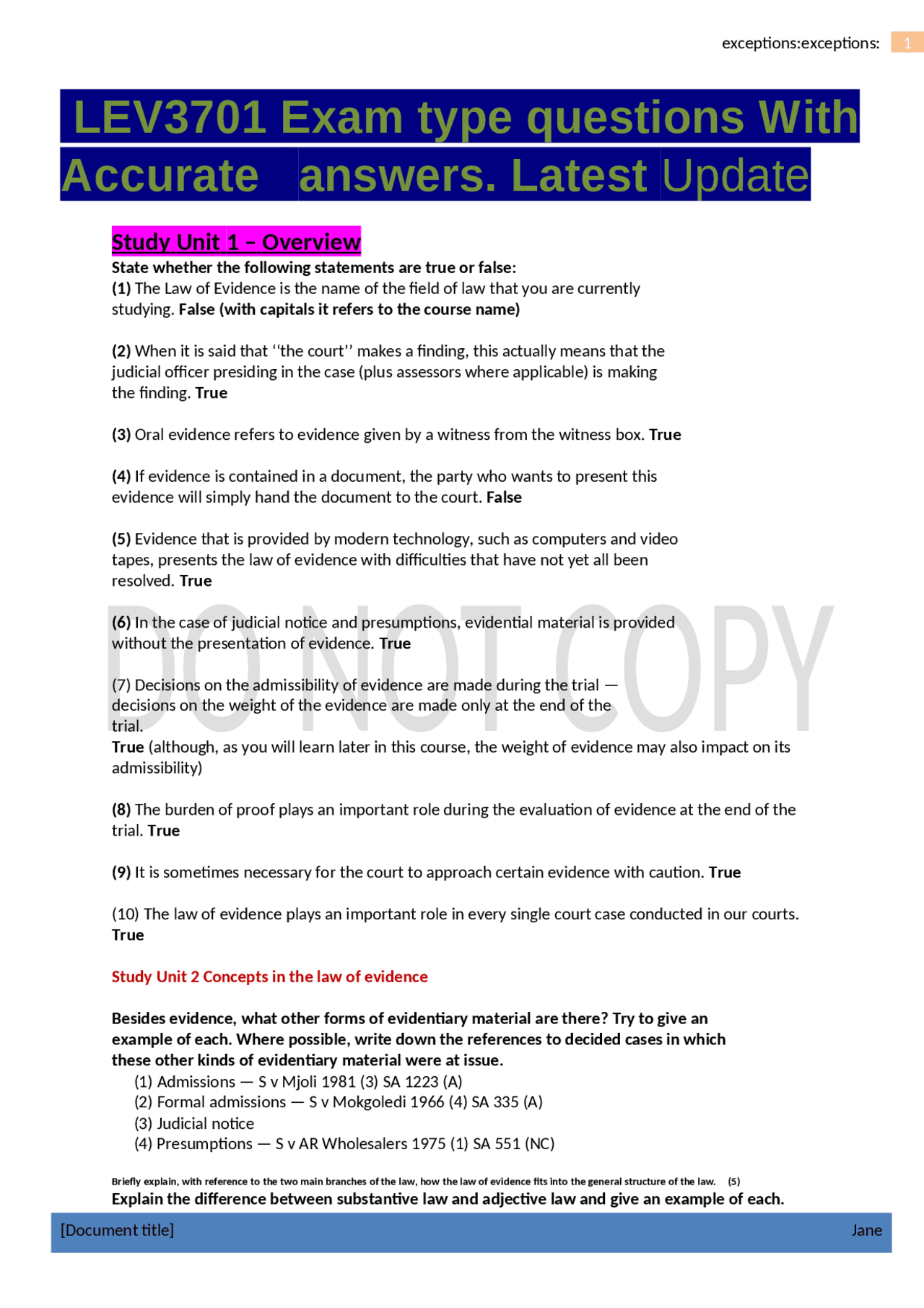 LEV3701 Exam type questions With Accurate answers. Latest Update ...