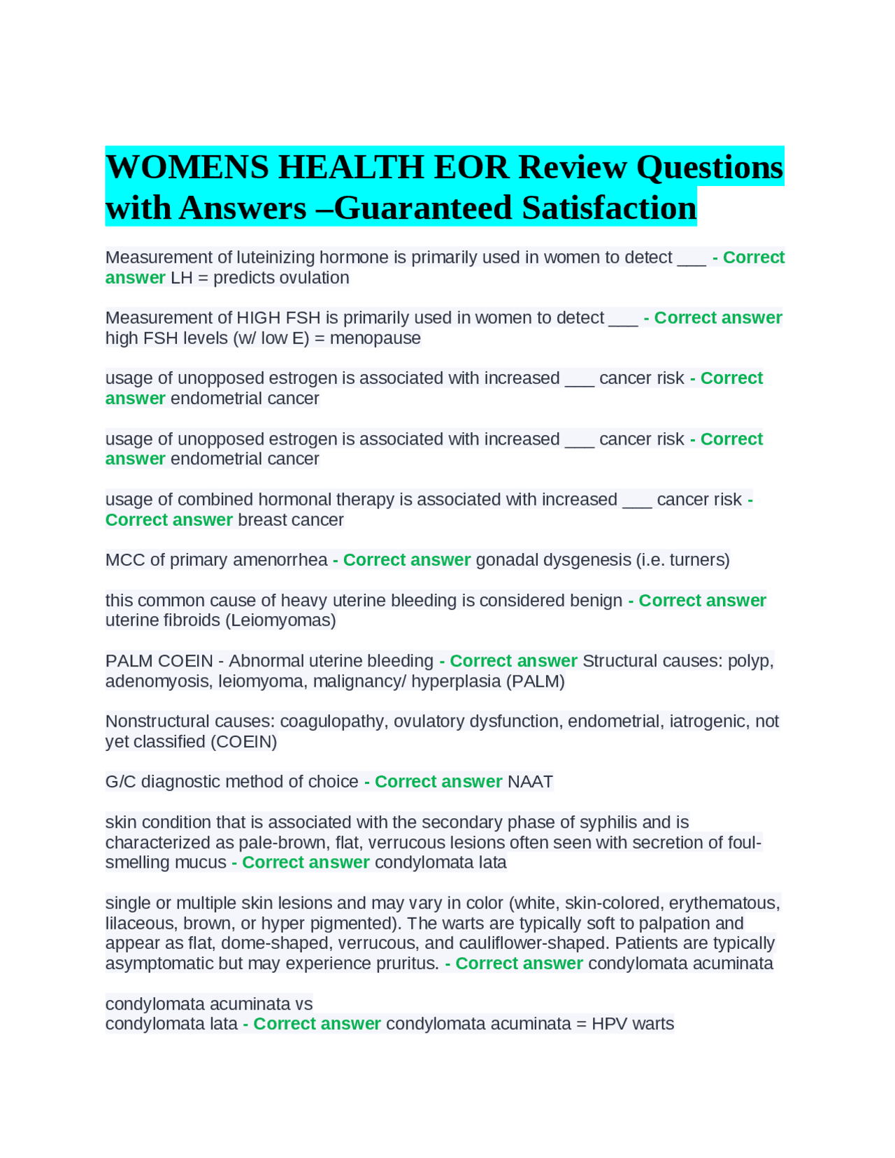WOMENS HEALTH EOR Review Questions with Answers Guaranteed