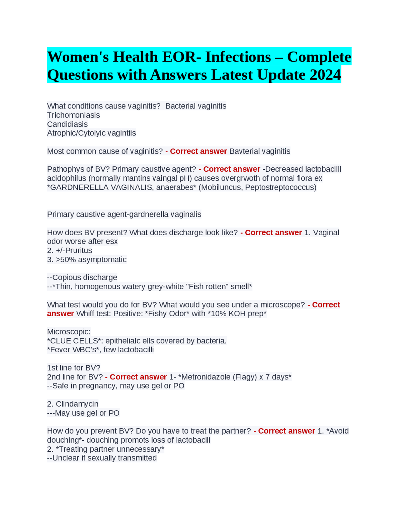 Women's Health EOR Infections Complete Questions with Answers Latest
