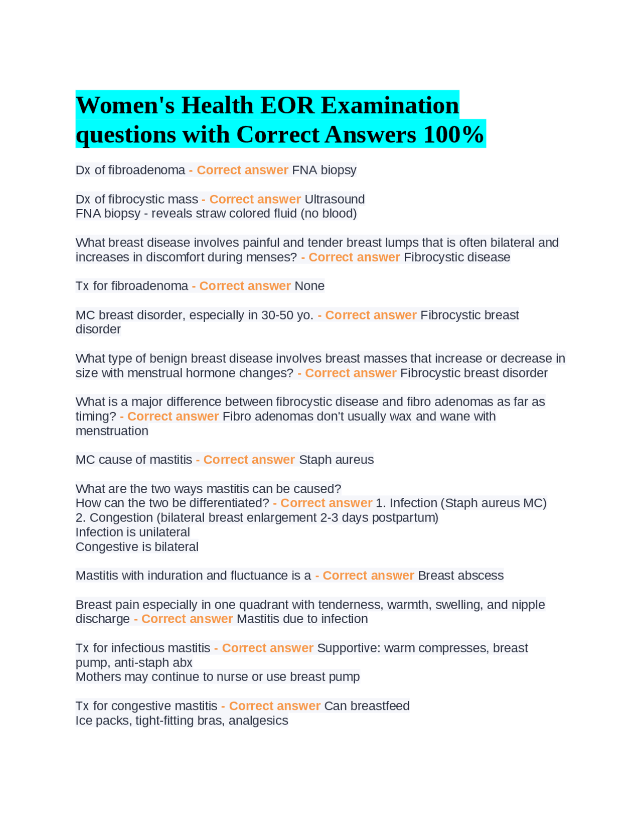 Women's Health EOR Examination questions with Correct Answers 100