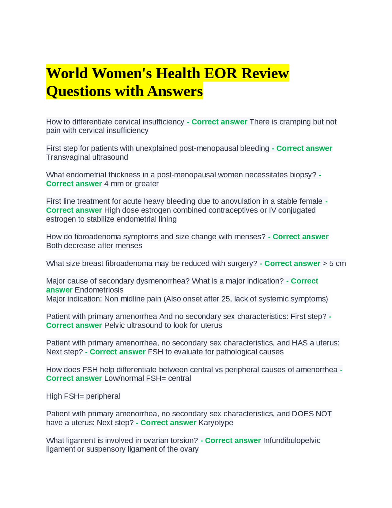 World Women's Health EOR Review Questions with Answers Exams Health