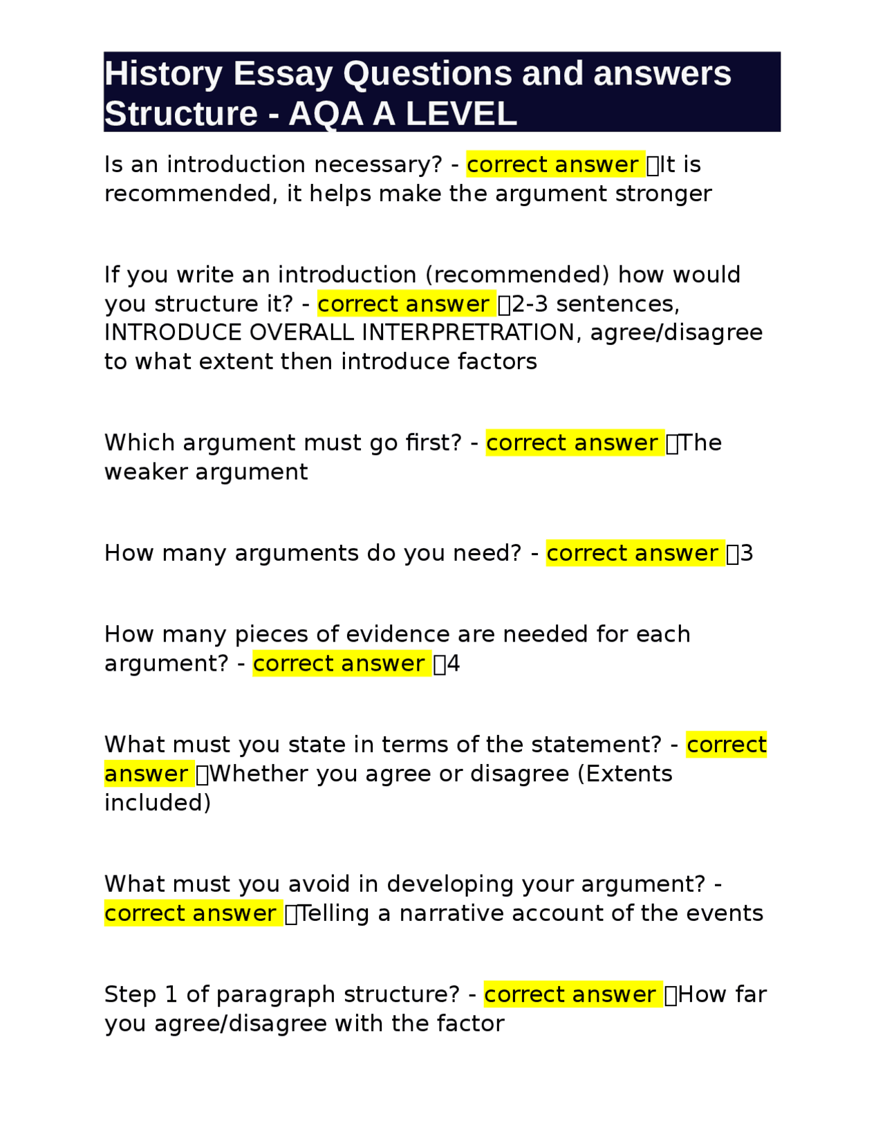 AQA A-Level History Essay Structure Guide | Exams History | Docsity