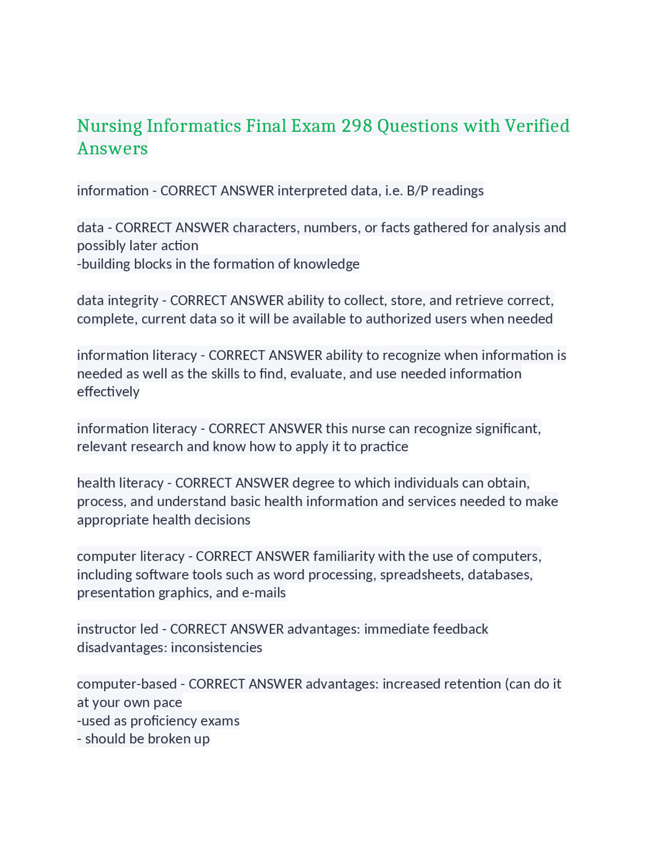 Nursing Informatics Final Exam 298 Questions With Verified Answers 100 Correct Study Notes Nursing Informatics Final Exam 298 Questions With Verified Answers 100 Correct Study Notes