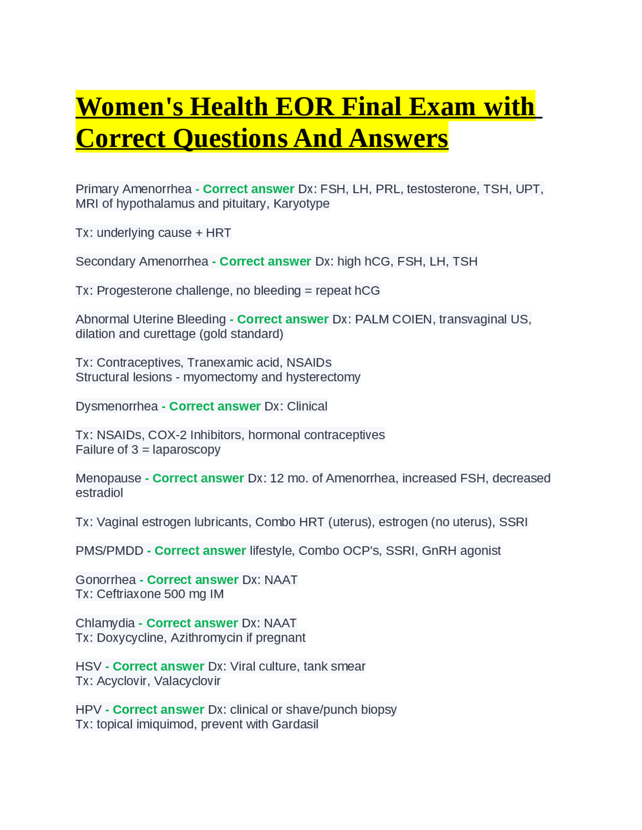 Women's Health EOR Final Exam with Correct Questions And Answers