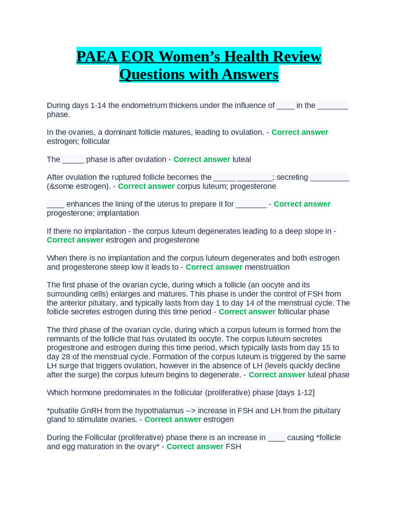 PAEA EOR Women’s Health Review Questions with Answers Exams Health