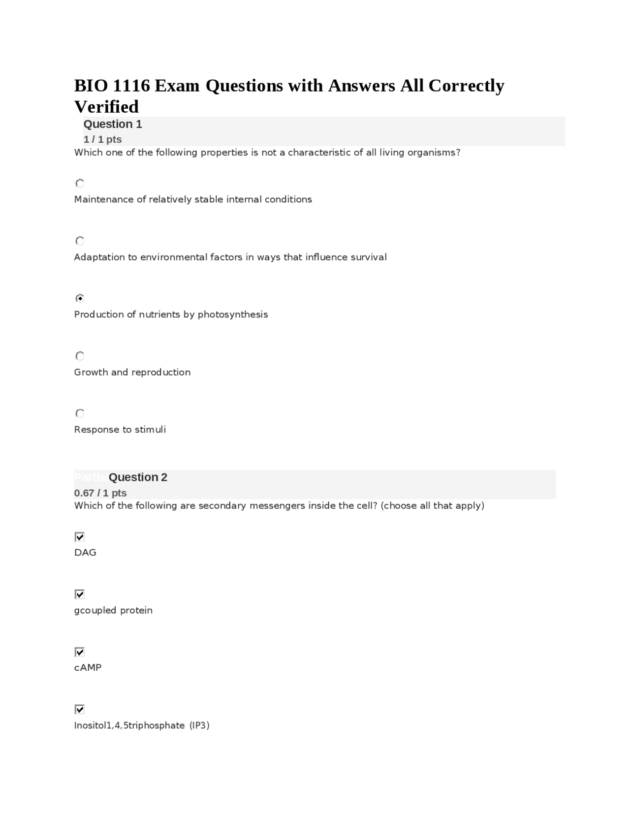 BIO 1116 Exam Questions with Answers All Correctly Verified | Exams ...