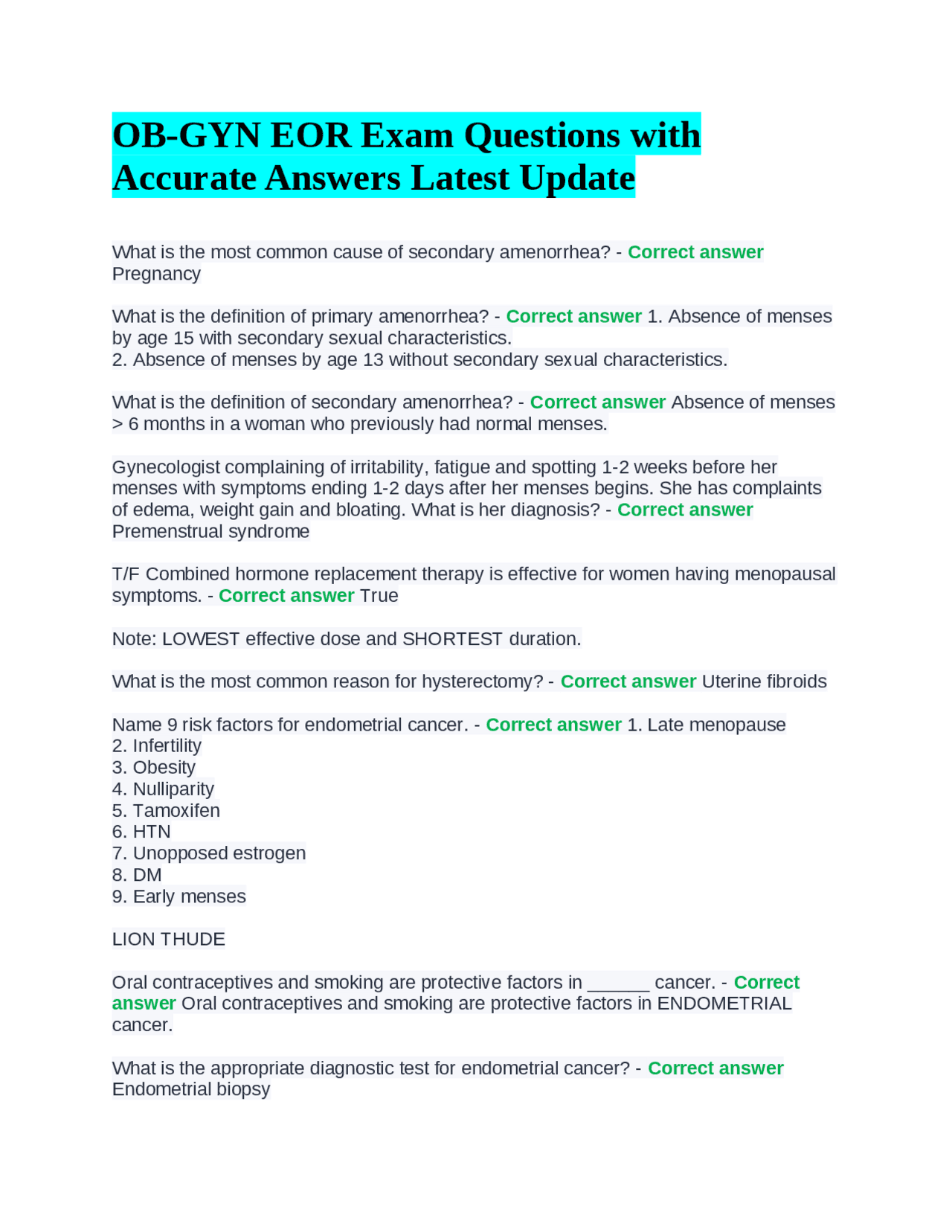 OBGYN EOR Exam Questions with Accurate Answers Latest Update Exams