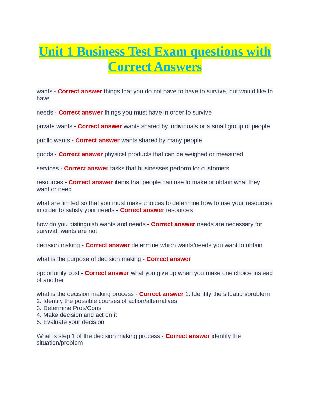 Unit 1 Business Test Exam questions with Correct Answers | Exams ...