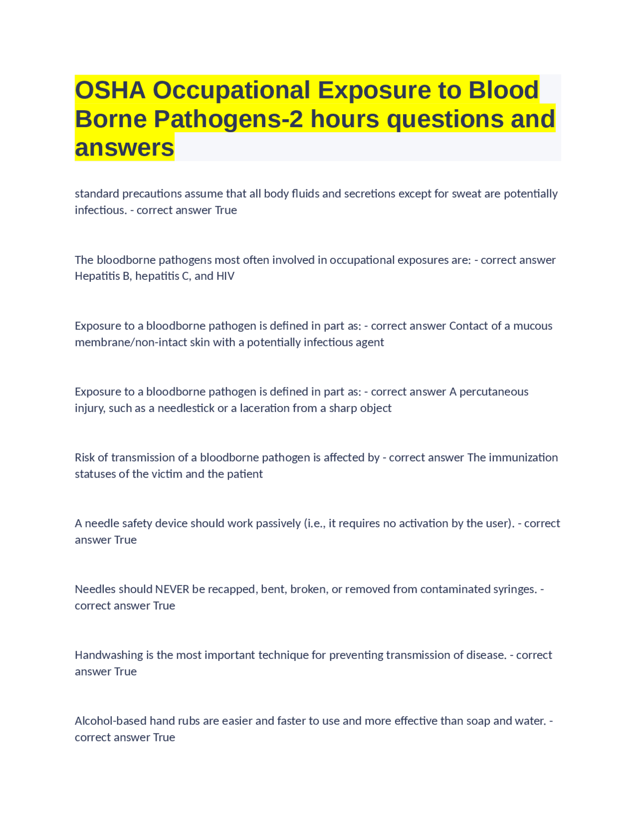 OSHA Occupational Exposure to Blood Borne Pathogens-2 hours questions ...