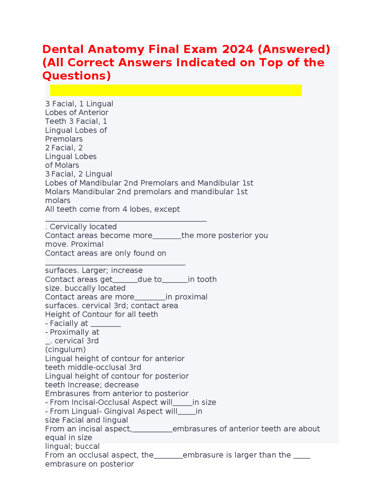 Dental Anatomy Final Exam 2024 (Answered) (All Correct Answers ...