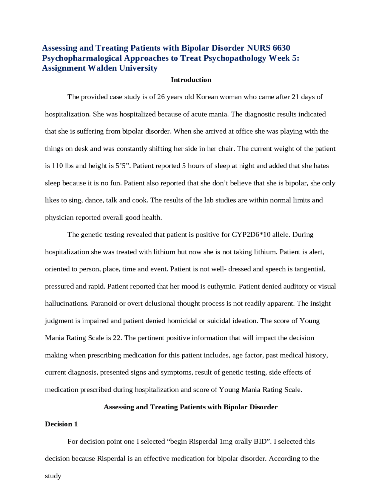Assessing and Treating Patients with Bipolar Disorder NURS 6630 ...