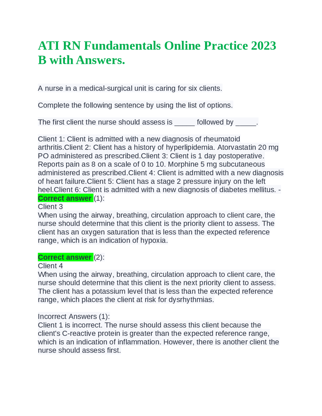 ATI RN Fundamentals Online Practice 2023 B with Answers. | Exams ...