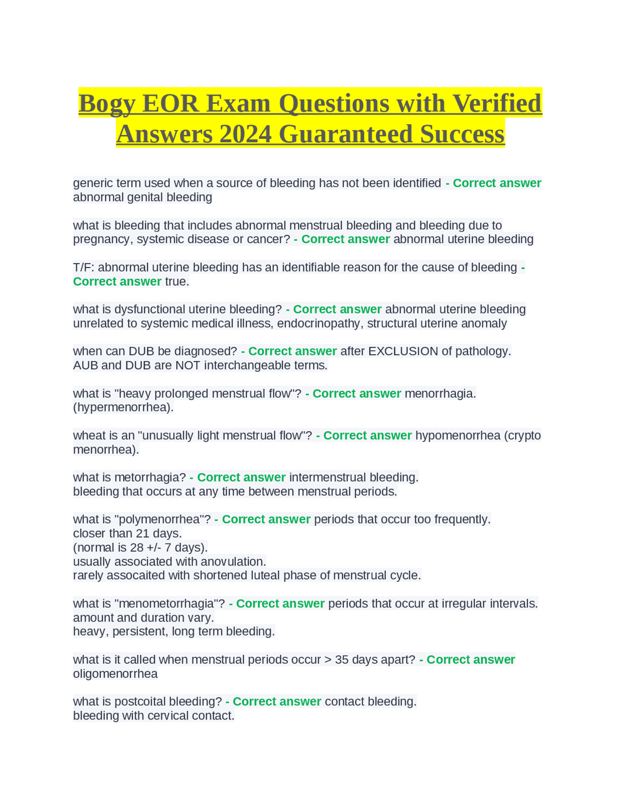 Bogy EOR Exam Questions and Answers for Obstetrics and Gynecology 2024 ...