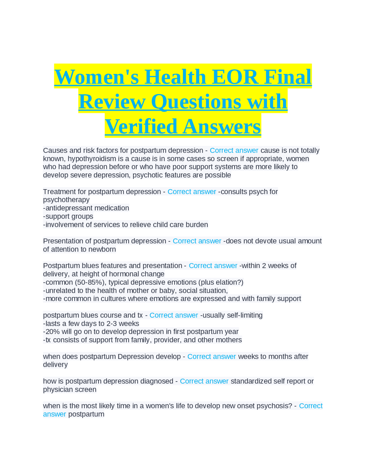 Women's Health EOR Final Review Questions with Verified Answers Exams