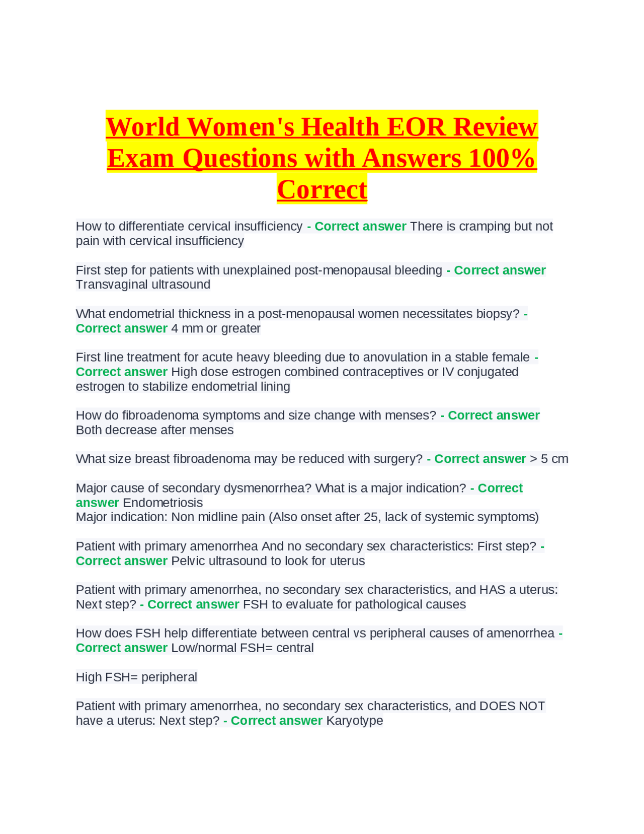 World Women's Health EOR Review Exam Questions with Answers 100