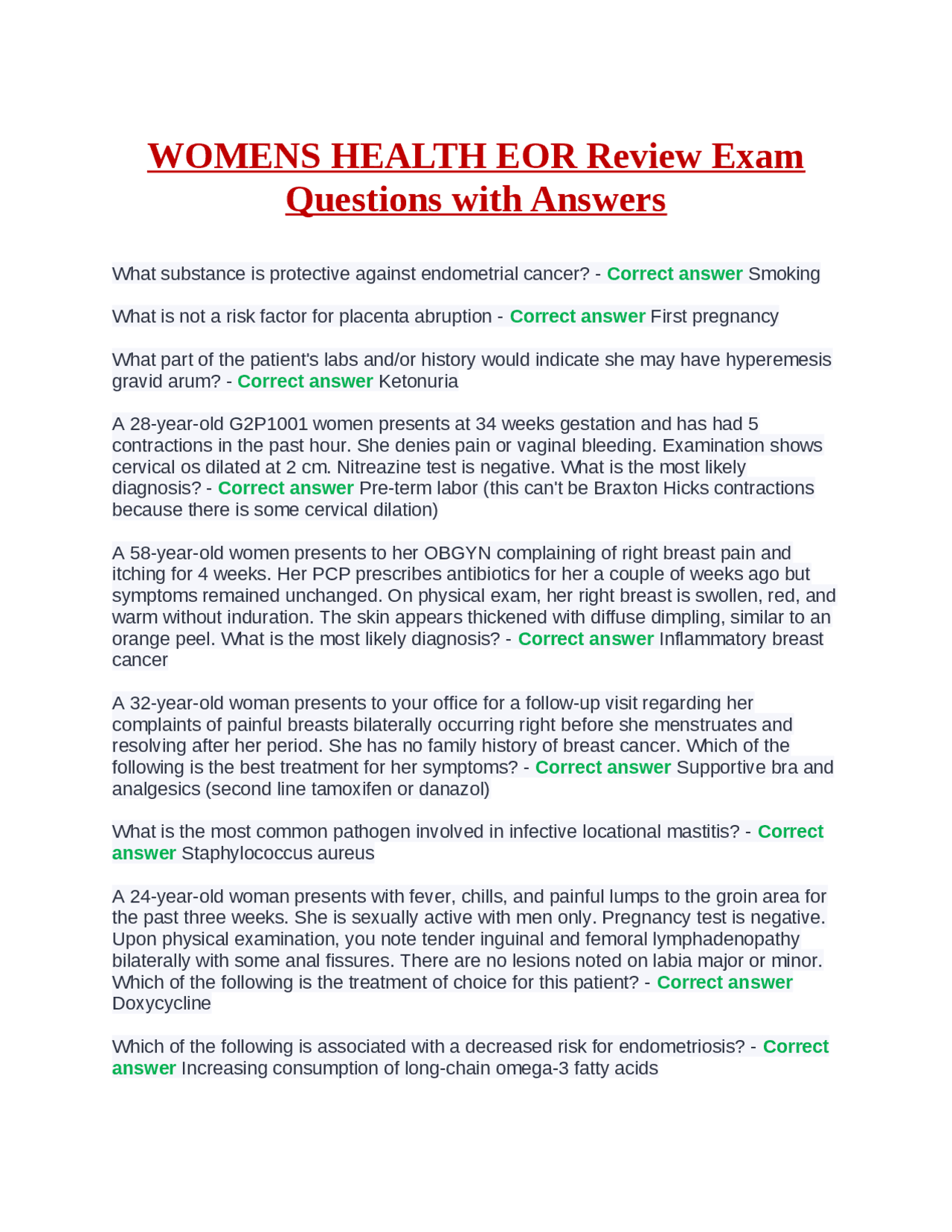 WOMENS HEALTH EOR Review Exam Questions with Answers Exams Health