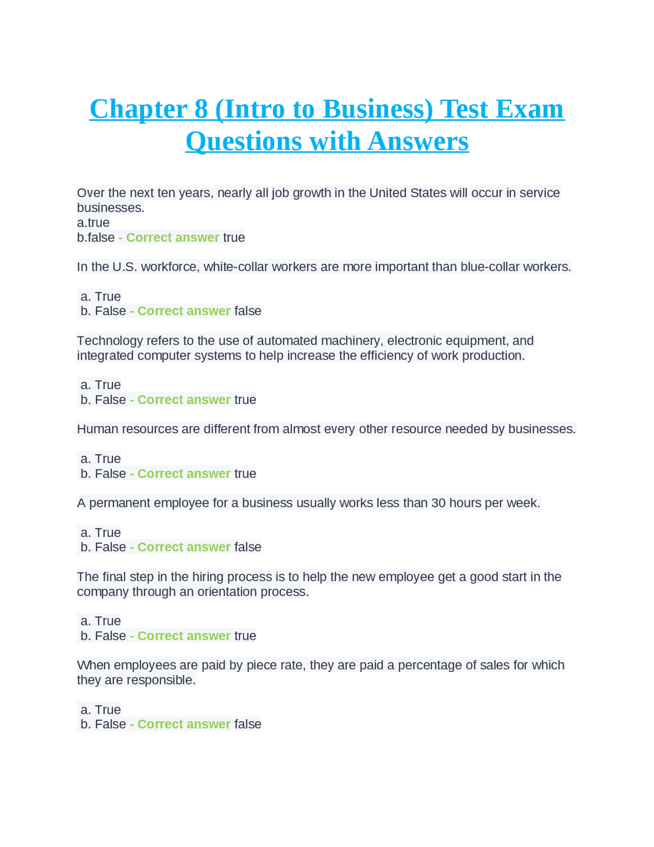 Chapter 8: Intro to Business Test Exam Questions and Answers | Exams ...