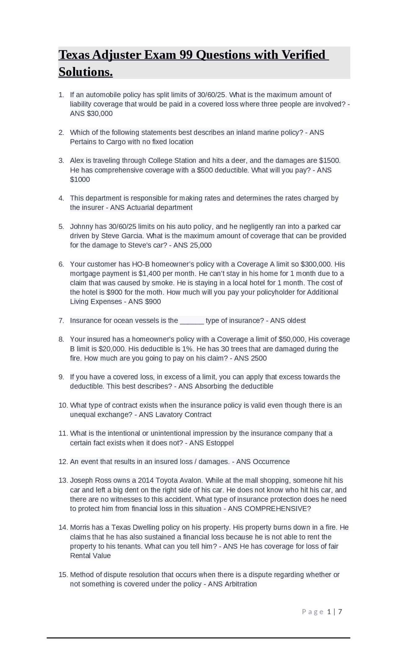 Texas Adjuster Exam Study Guide: 99 Questions with Answers | Exams ...