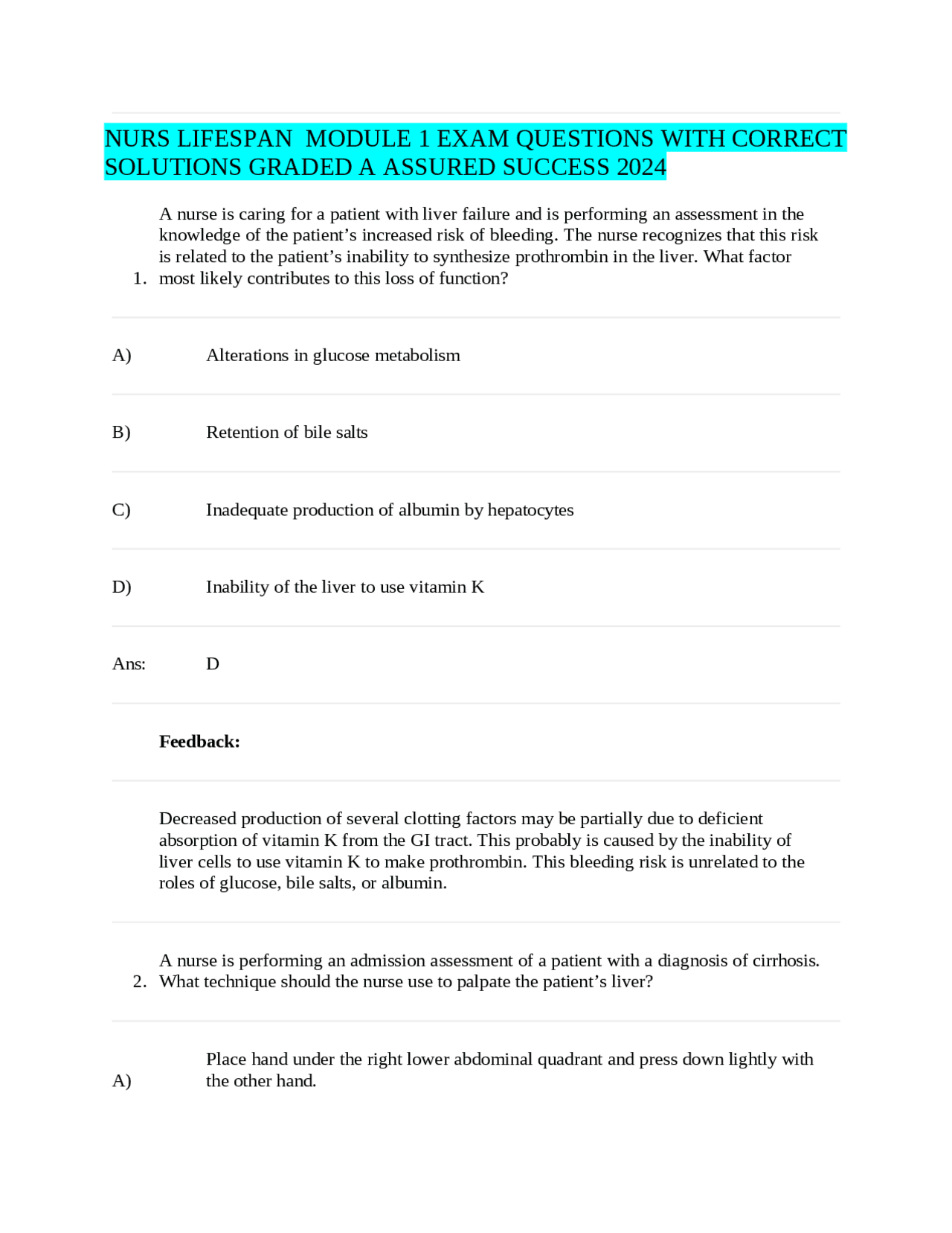 NURS LIFESPAN MODULE 1 EXAM QUESTIONS WITH CORRECT SOLUTIONS GRADED A ...