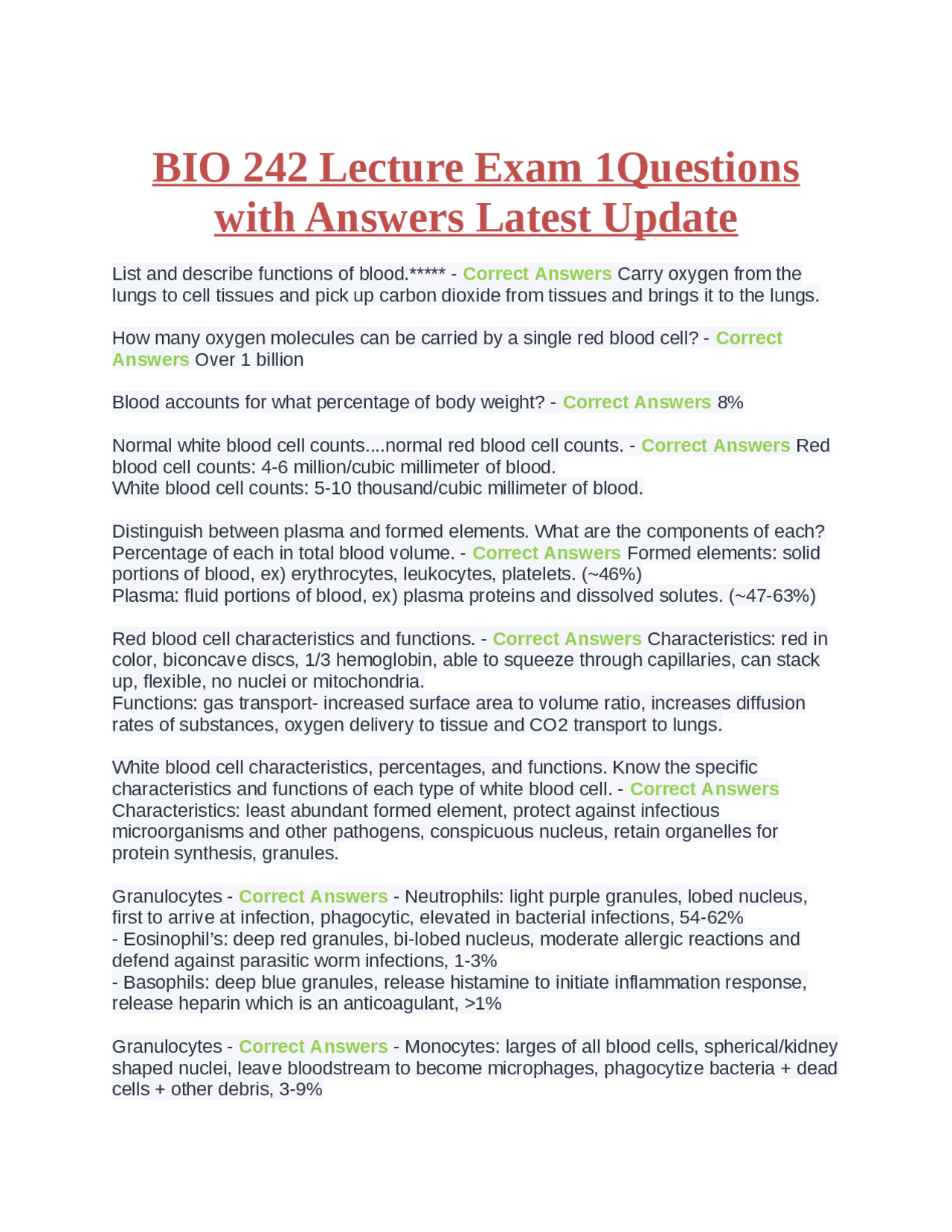BIO 242 Lecture Exam 1Questions with Answers Latest Update | Exams ...
