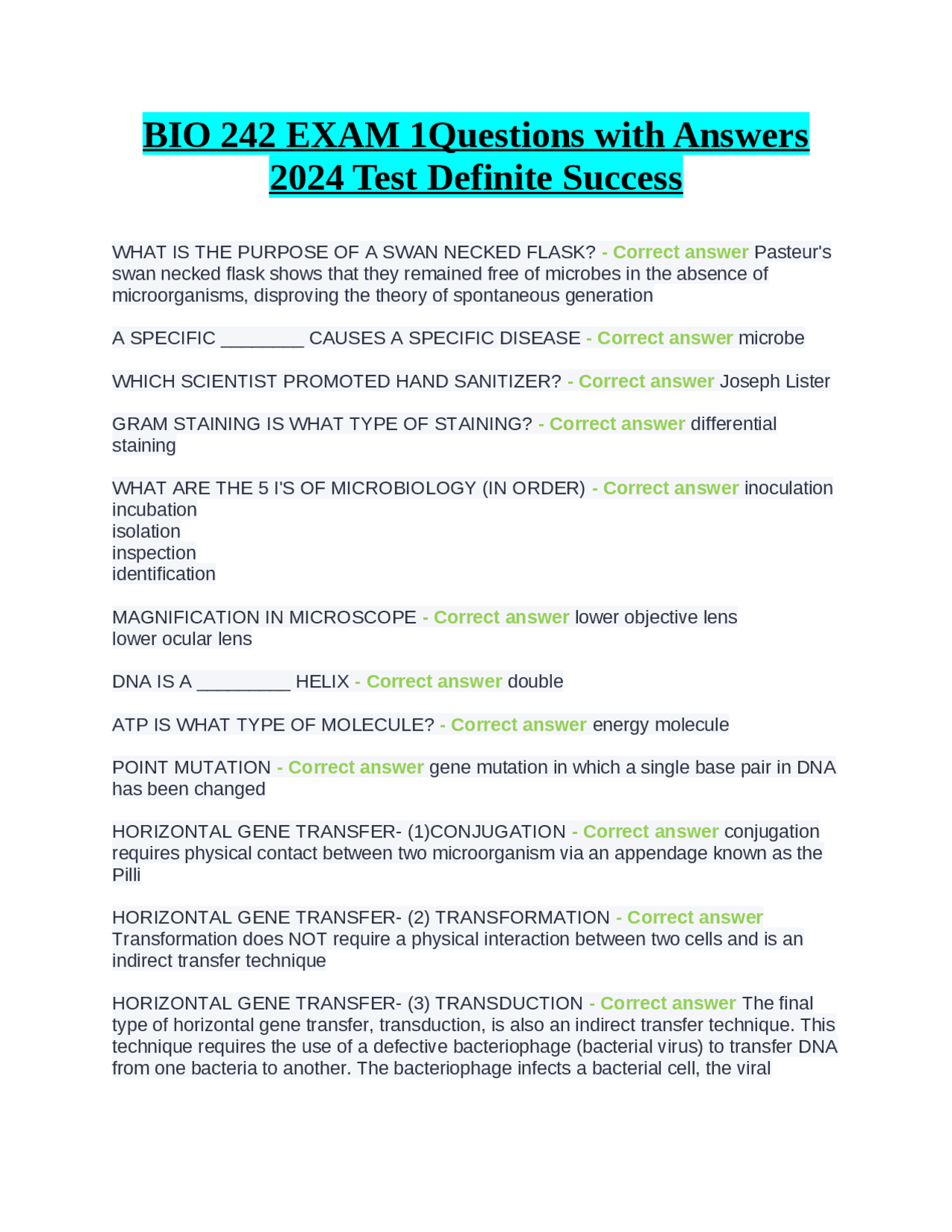 BIO 242 EXAM 1Questions with Answers 2024 Test Definite Success | Exams ...