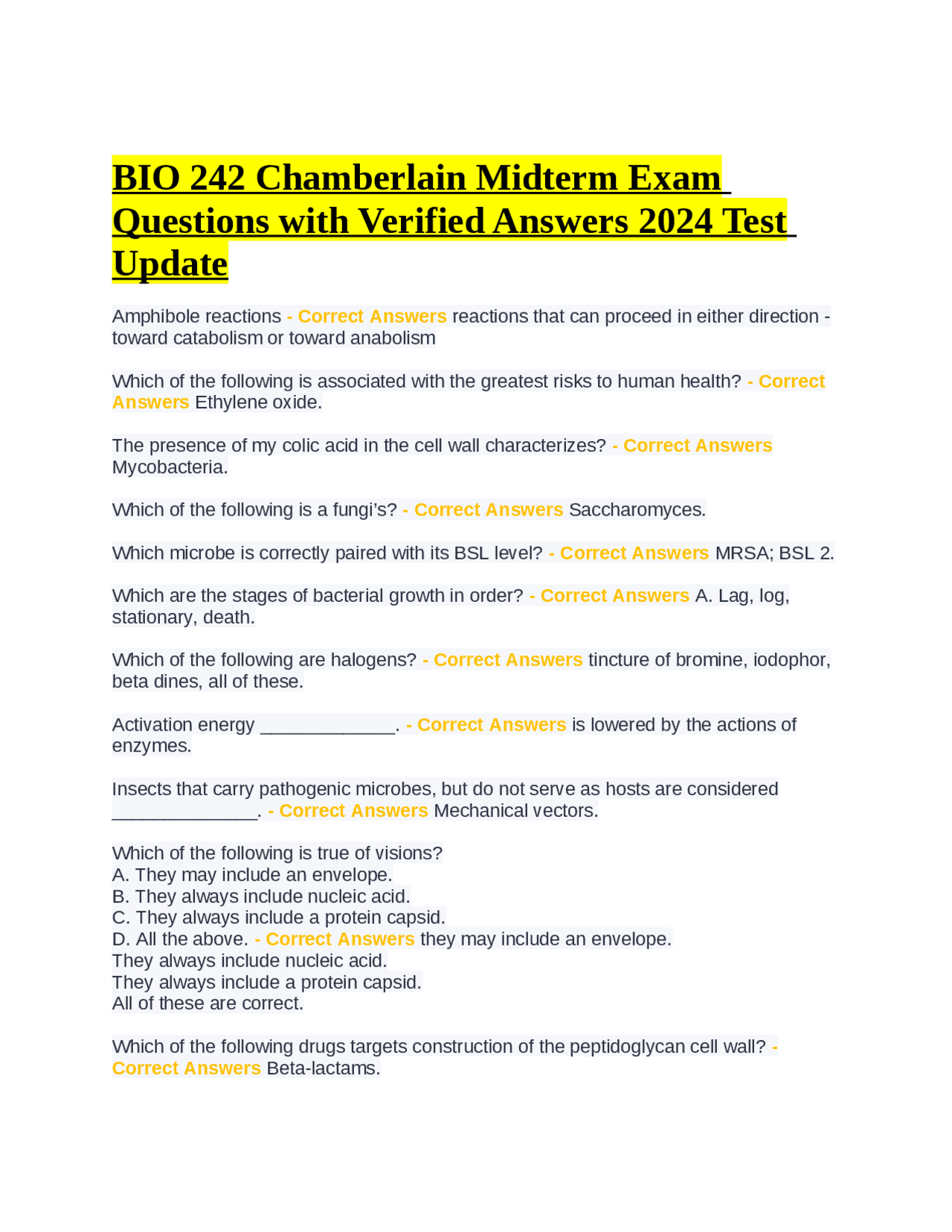 BIO 242 Chamberlain Midterm Exam Questions with Verified Answers 2024 ...