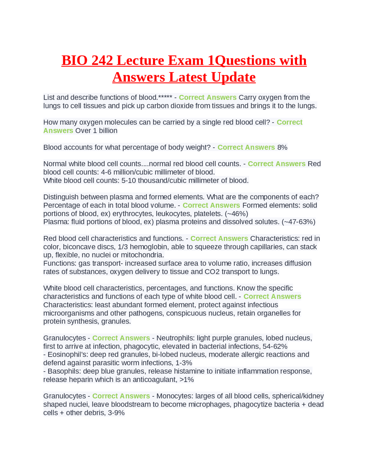 BIO 242 Lecture Exam 1Questions with Answers Latest Update | Exams ...