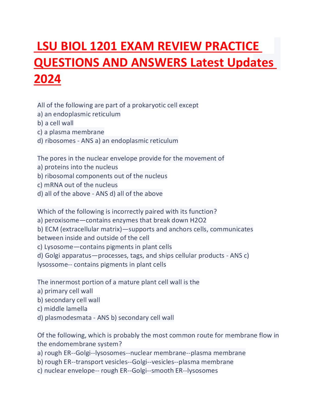 LSU BIOL 1201 EXAM REVIEW PRACTICE QUESTIONS AND ANSWERS Latest Updates ...