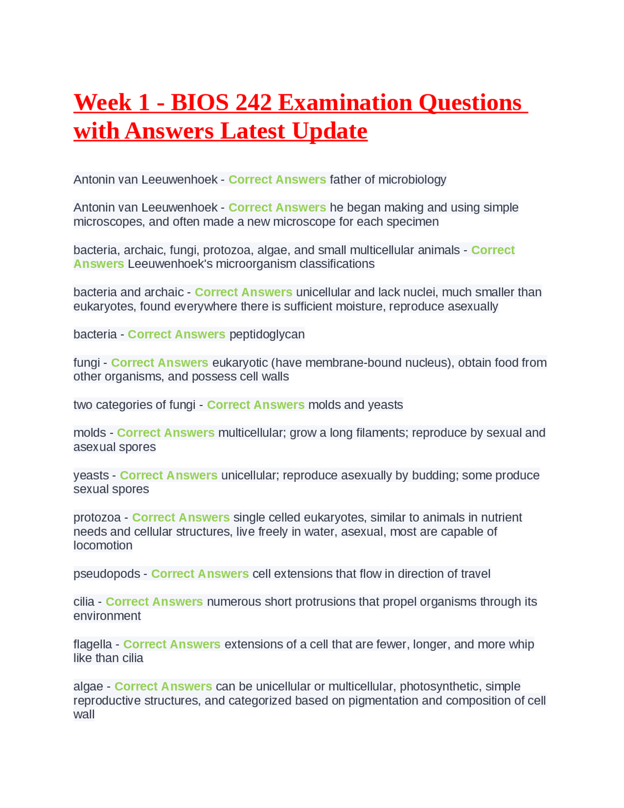 Week 1 - BIOS 242 Examination Questions with Answers Latest Update ...