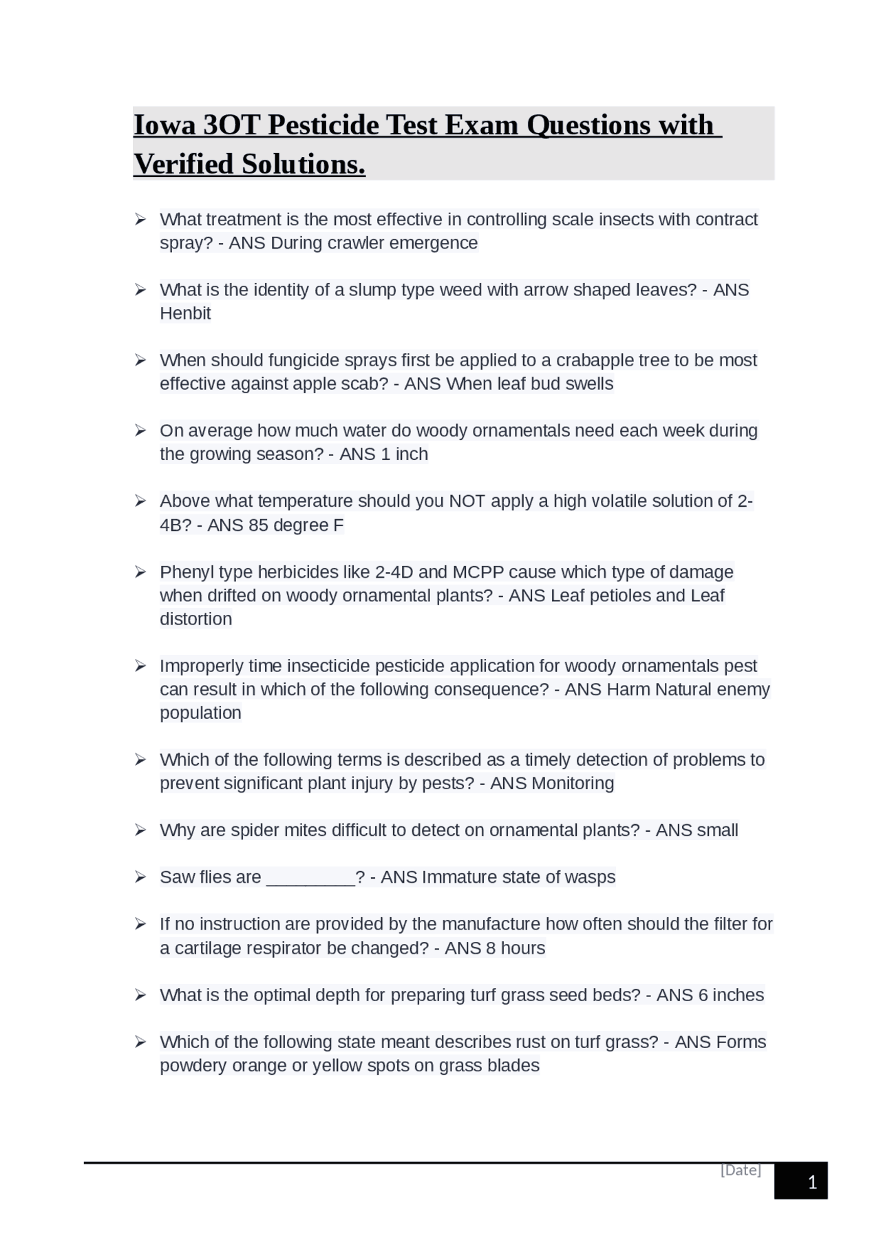 Iowa Pesticide Test Exam Questions and Answers for Ornamental Plants and Turf Grass | Exams ...