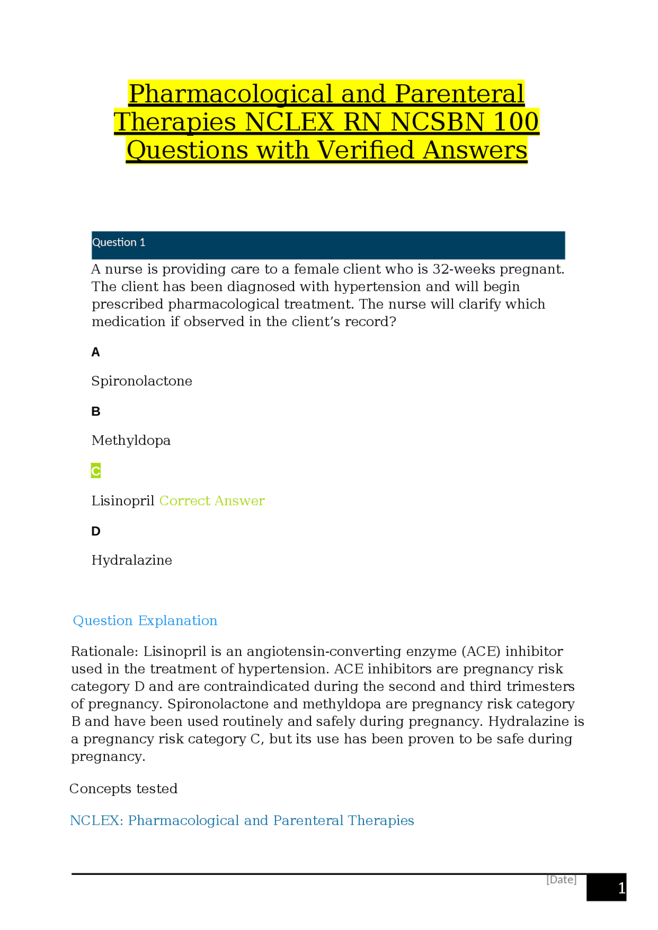 Pharmacological and Parenteral Therapies NCLEX RN NCSBN 100 Questions