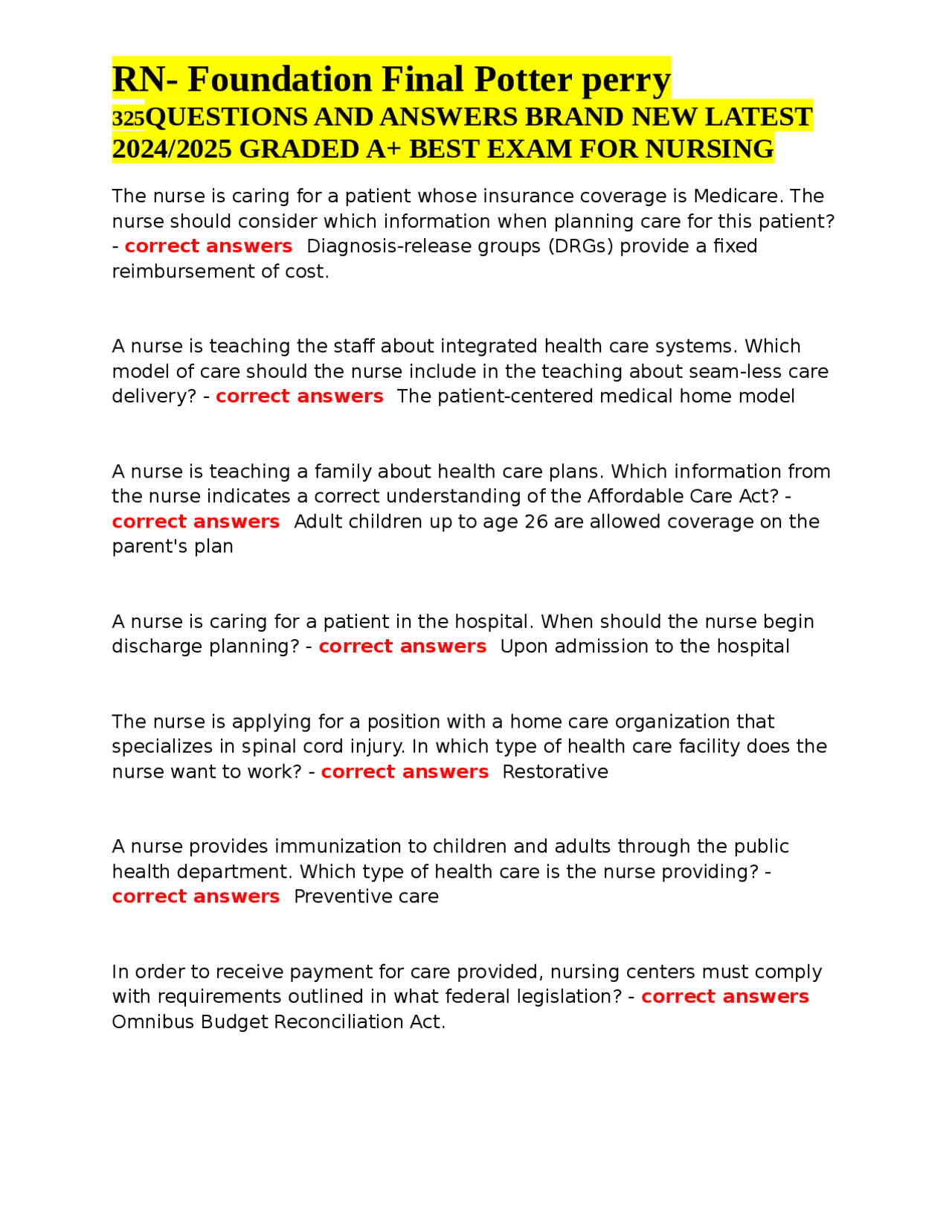 Nursing Exam Questions and Answers for 2024/2025 | Exams Nursing | Docsity