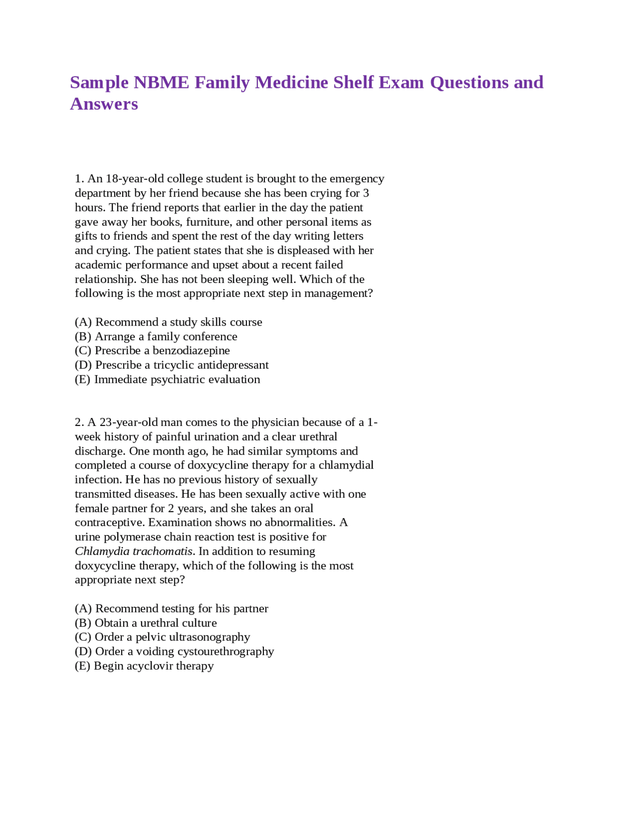 Sample NBME Family Medicine Shelf Exam Questions and Answers Exams