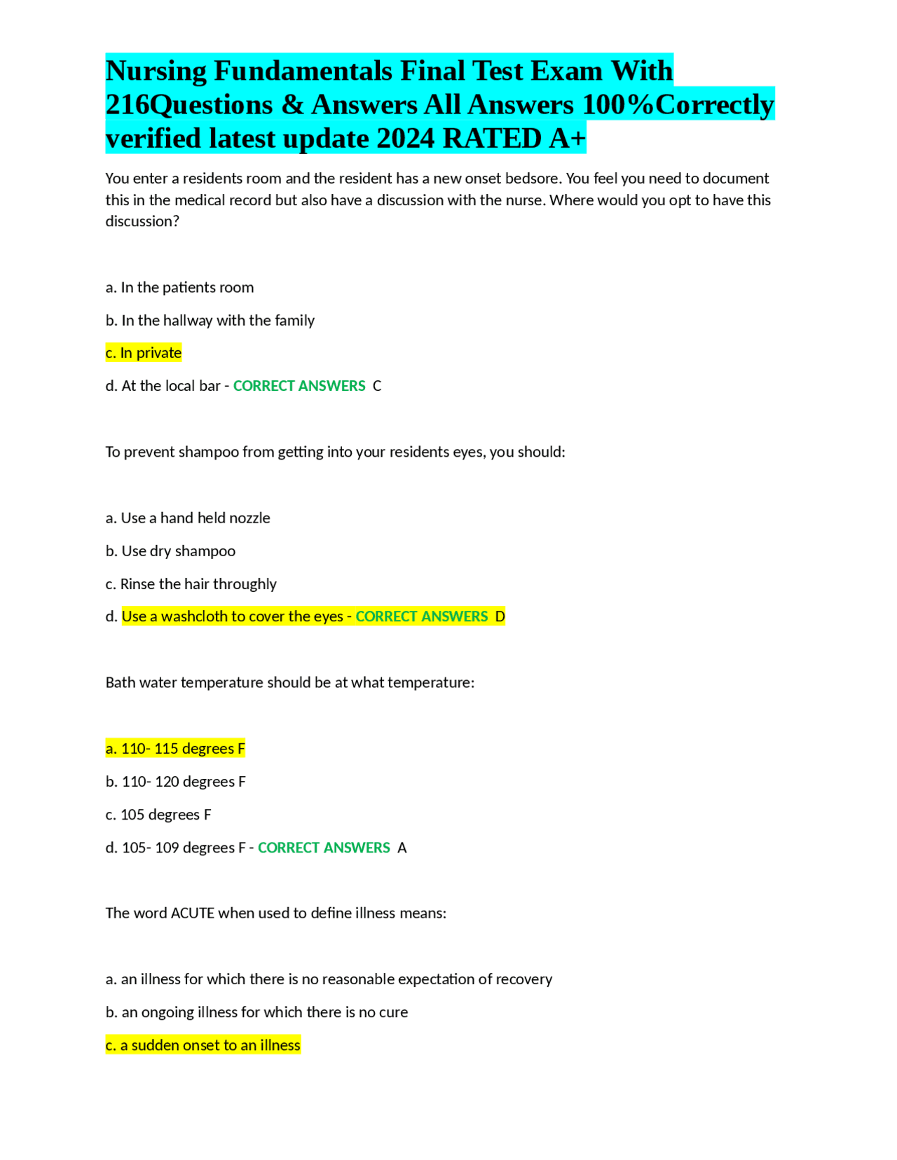 Nursing Fundamentals Final Test Exam With 216Questions & Answers All ...