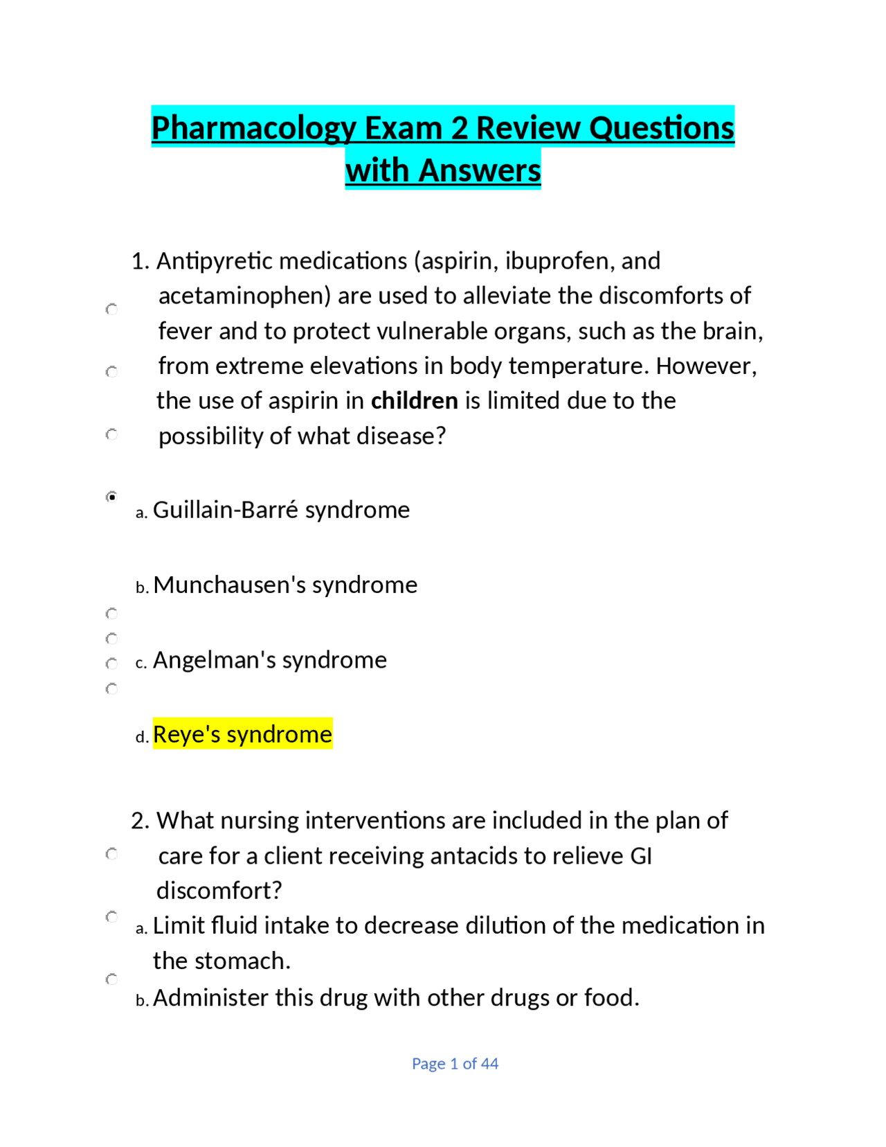 Pharmacology Exam 2 Review Questions with Answers | Exams Nursing | Docsity