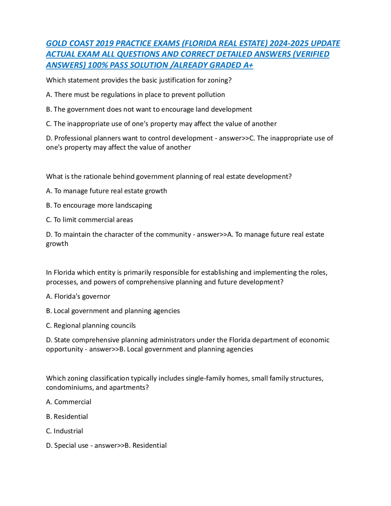 GOLD COAST 2019 PRACTICE EXAMS (FLORIDA REAL ESTATE) 20242025 UPDATE