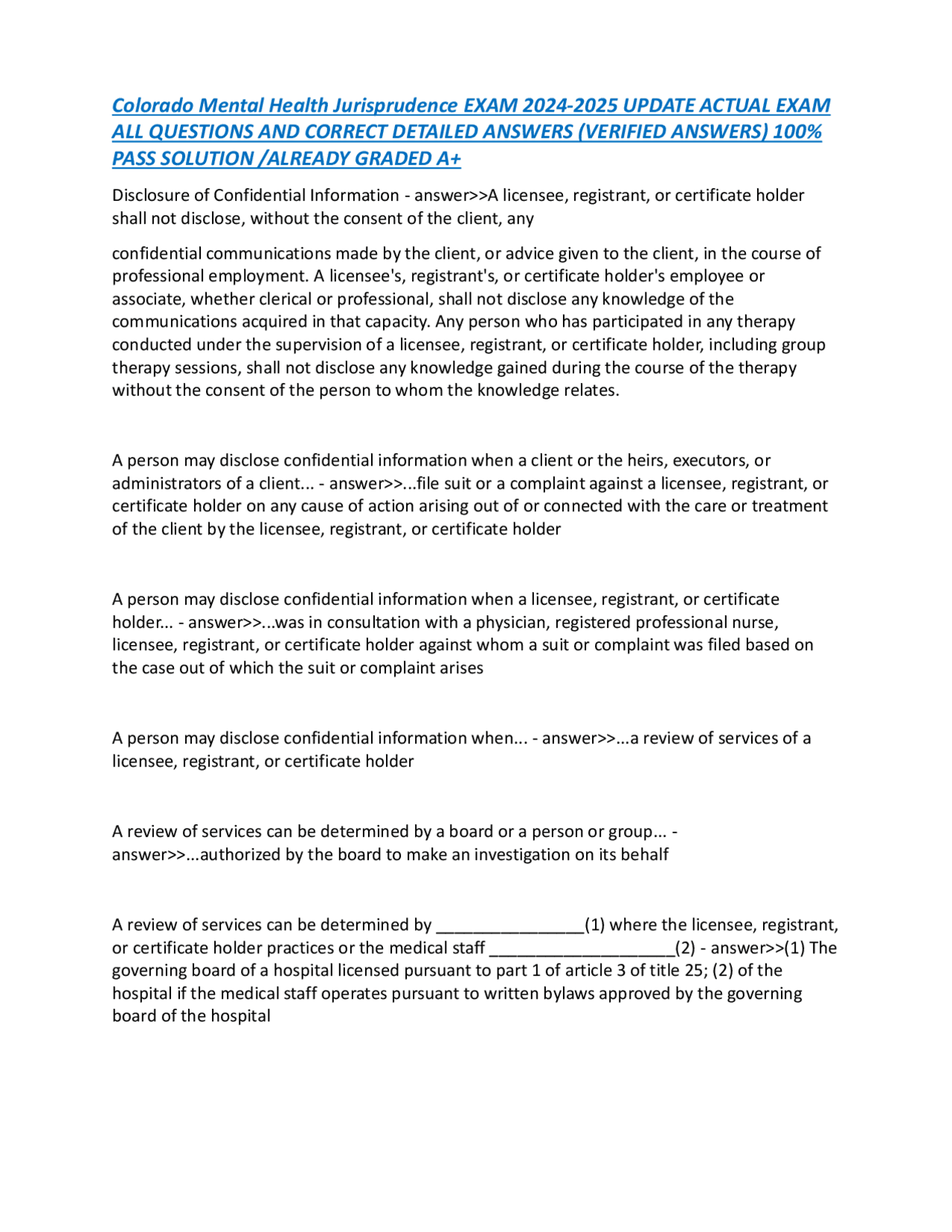 Colorado Mental Health Jurisprudence Exam 20242025 Confidentiality and Disclosure Rules