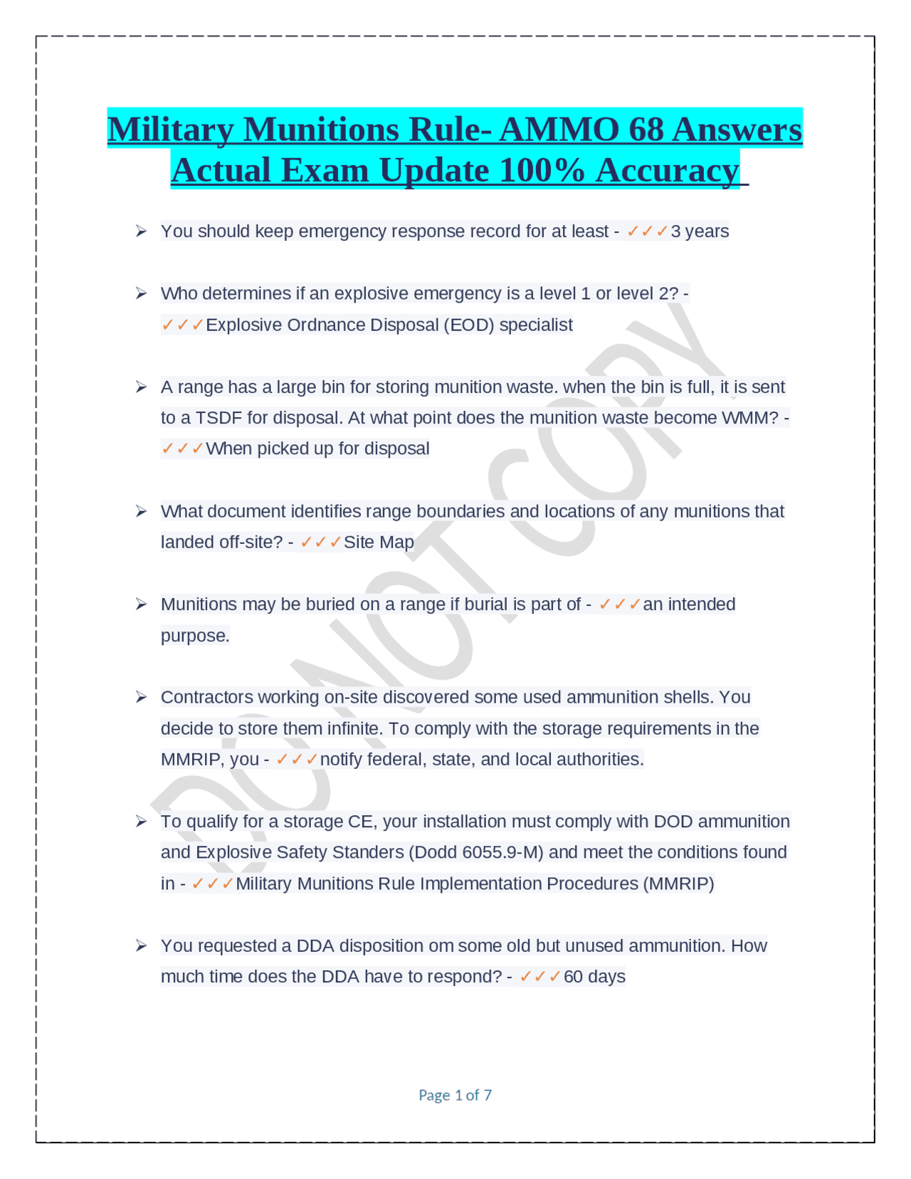 Military Munitions Rule AMMO 68 Answers Actual Exam Update 100