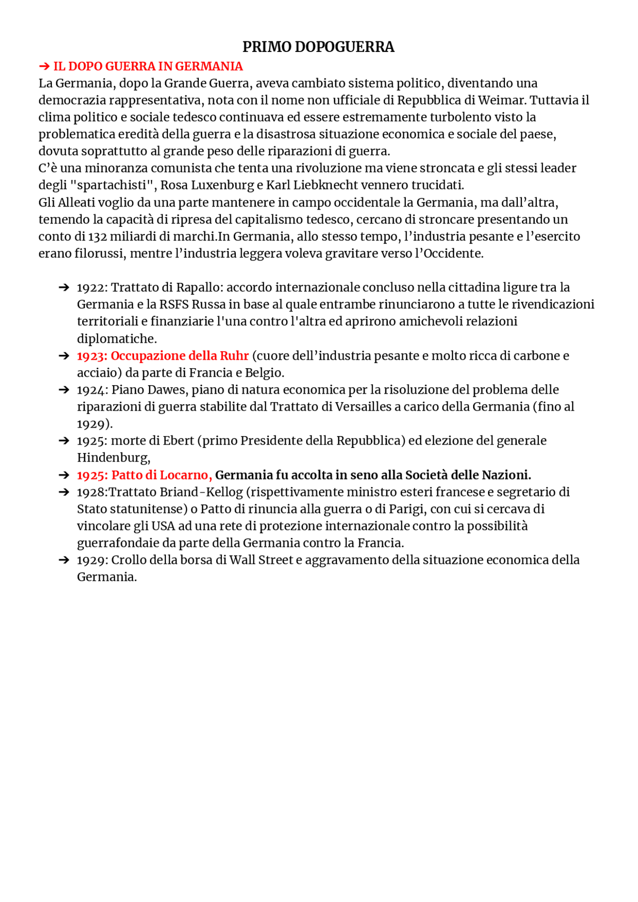 Primo Dopo Guerra Sintesi | Schemi e mappe concettuali di Storia | Docsity