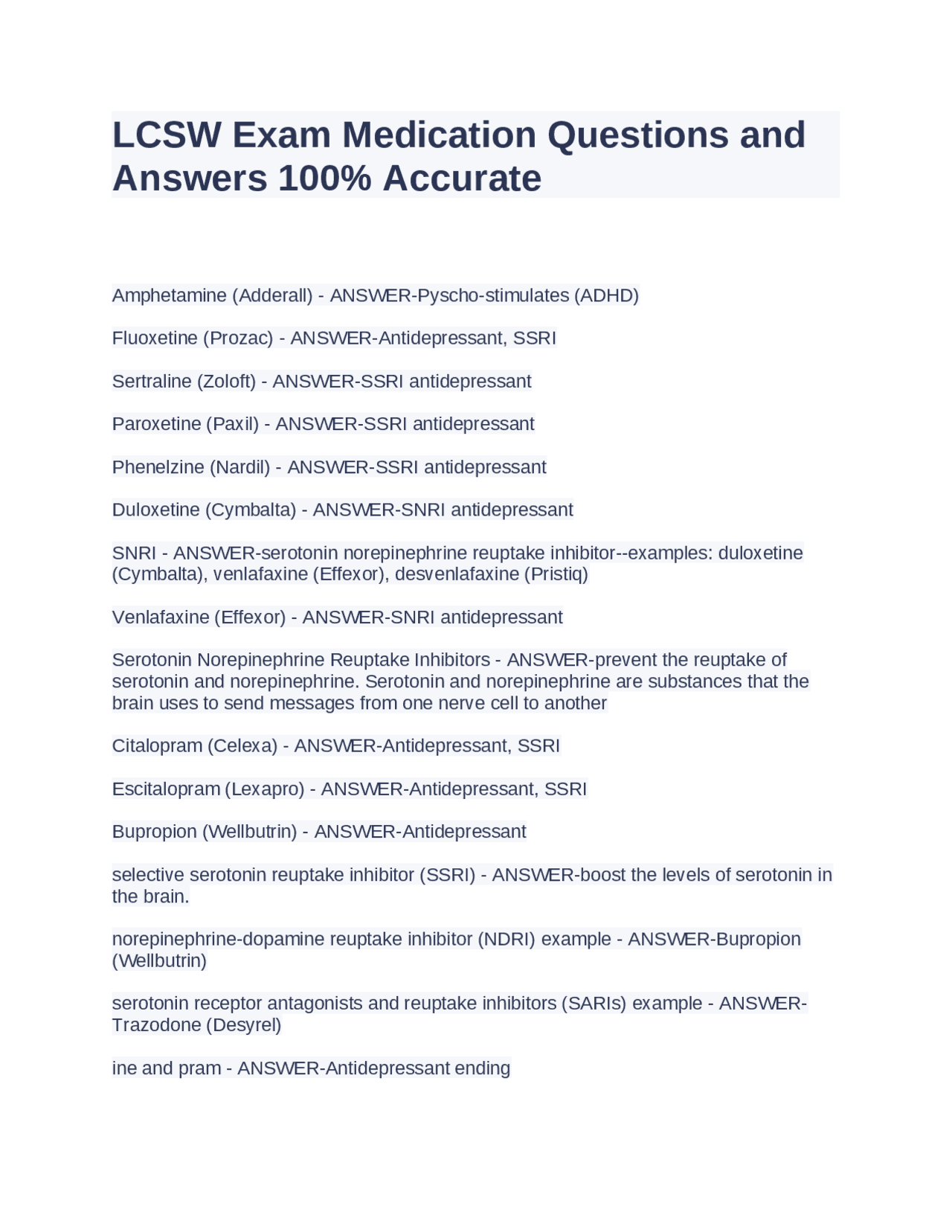 Example Lcsw Questions LCSW Exam Medication Questions and Answers 100% Accurate | Exams ...