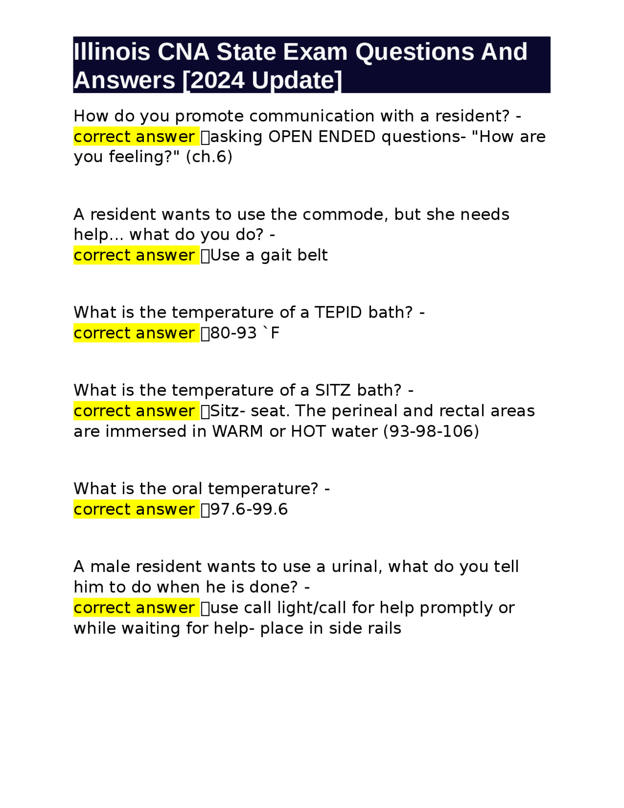 Illinois Cna State Exam Questions And Answers 2024 Update Exams Nursing Docsity Illinois Cna State Exam Questions And Answers 2024 Update Exams Nursing Docsity