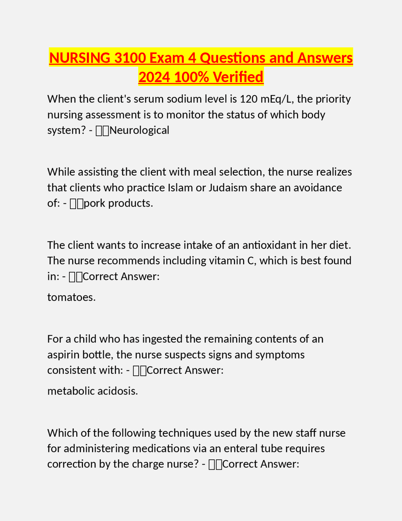 NURSING 3100 Exam 4 Questions and Answers: Key Concepts in Nursing ...