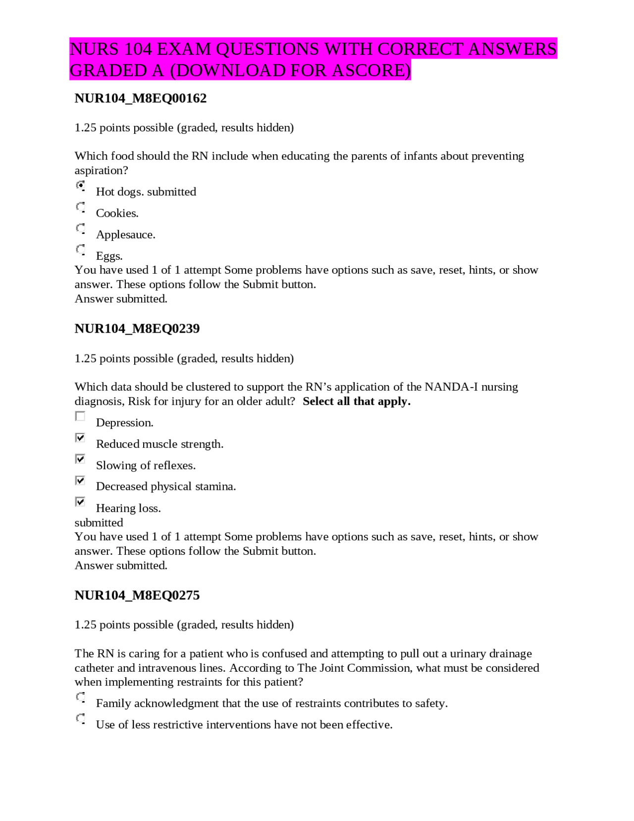 Nursing Exam Questions with Correct Answers: NURS 104 | Exams Nursing ...