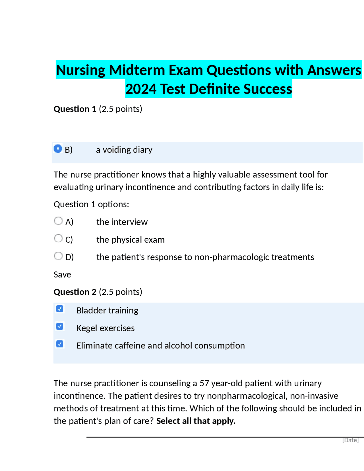 Nursing Midterm Exam Questions with Answers 2024 Test Definite Success ...