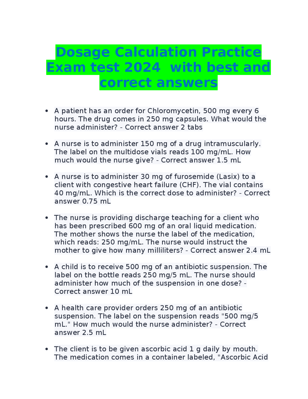 Dosage Calculation Practice for Nursing Students | Exams Nursing | Docsity