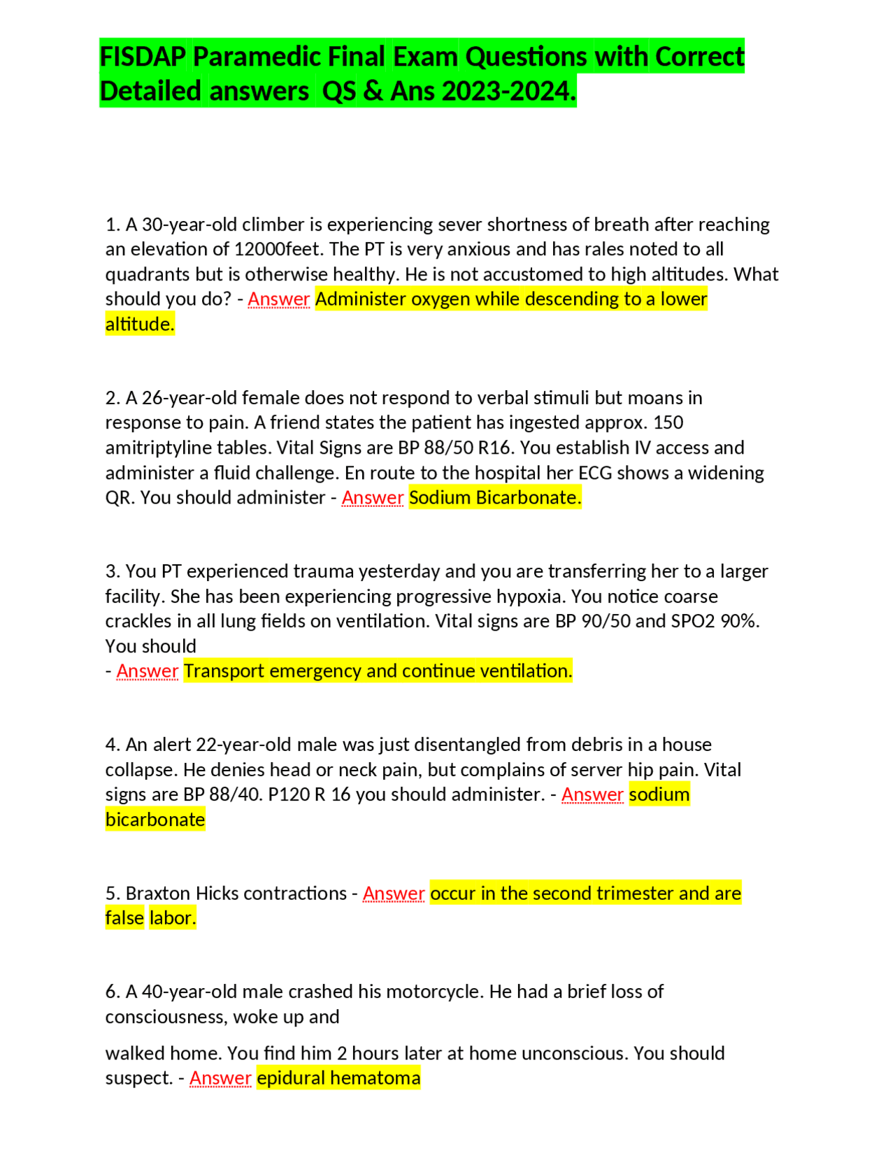 FISDAP Paramedic Final Exam Questions with Correct Detailed answers QS ...
